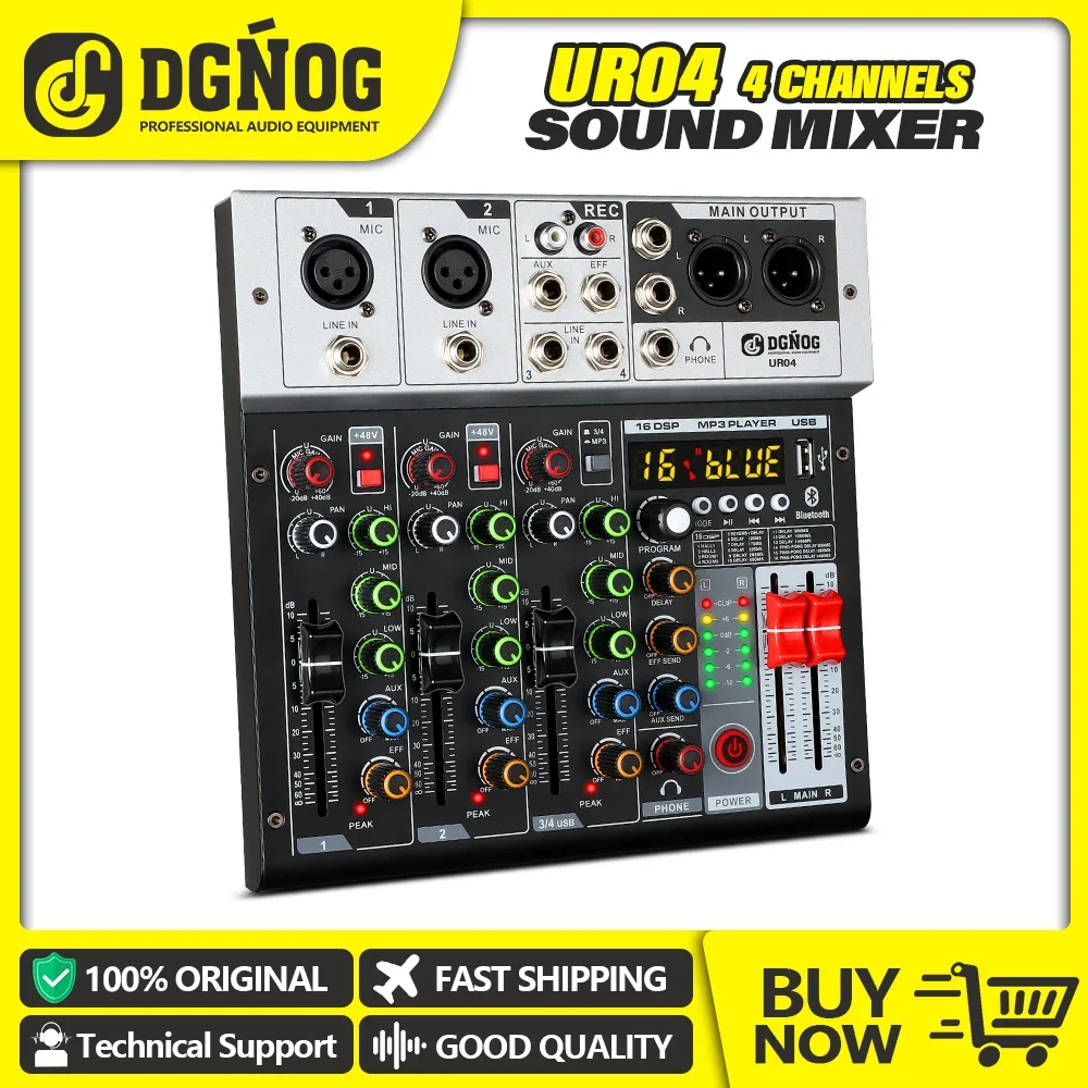 

DGNOG UR04 4 Channel Audio Mixer with 16 DSP USB Bluetooth Professional Sound Table Mixing Console for Recording Studio DJ Party