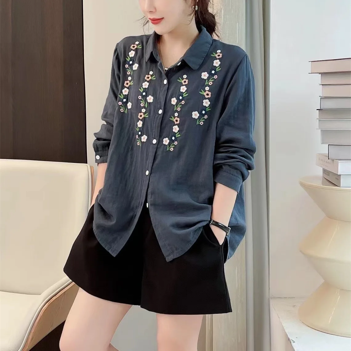 New Summer Cotton Long Sleeve Shirt, Women Lapel Embroidery Tops, Mori Girl Vintage Simplicity Loose Blouses, 2024 Fall T47885QC