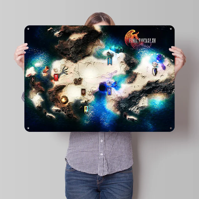 Final Fantasy XVI World Map 3D Printed Texture Poster Personalized Wall Art Retro Metal Tin Signs for Decor Room Wand Deko Home
