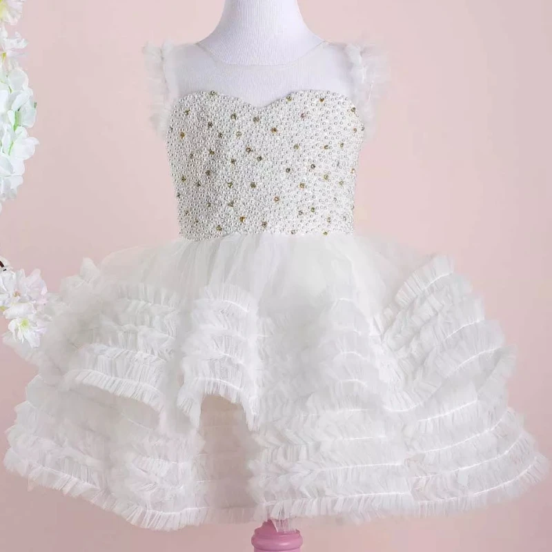 

White Flower Girl Dresses Tulle Tiered Pearls With Bow Sleeveless For Wedding Birthday Party Banquet Princess Gowns