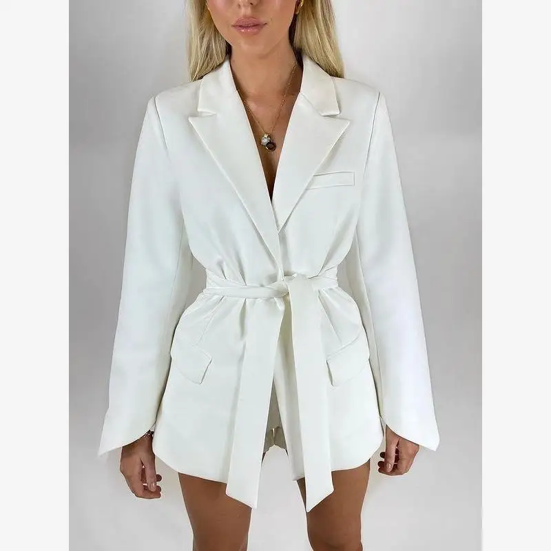 Faionable لون نقي بدلة غير رسمية للنساء ربيع 2024 الشارع Sle المحملة زر الكفة طويلة Sve منتصف طول حزام Faionable #3