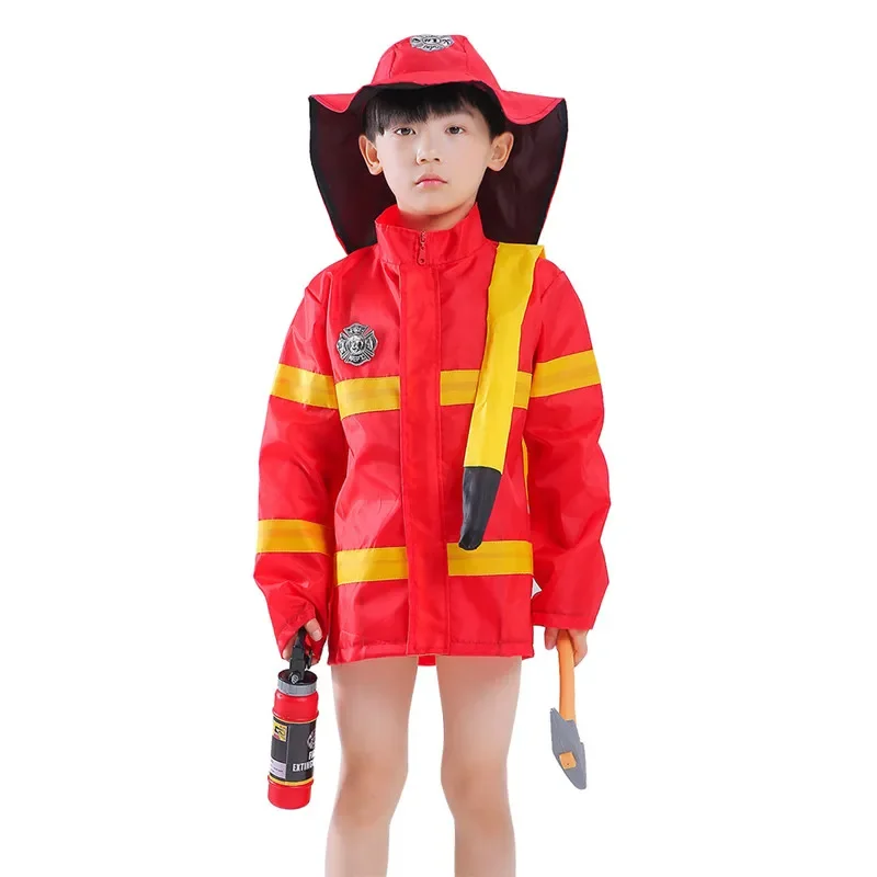 Kids Fireman Gear Firefighter Costume Construction Worker Costume Role Play Dress Up Toy Set with Helmet and Accessories