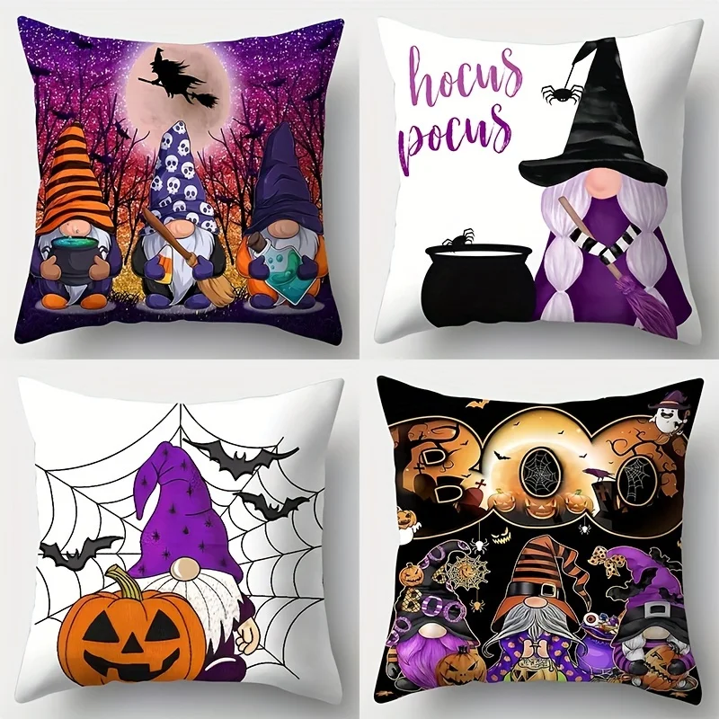 

4Pcs Halloween Pillow Covers Set - Witch Pumpkin Gnome Spiderweb Bat Print Cushion Covers for Sofa/Living Room/Bedroom