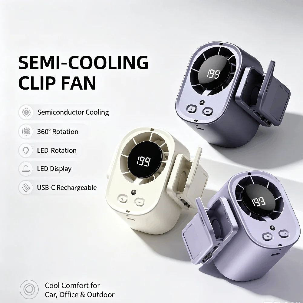 Car Air Conditioning Fan Clip Portable USB-C Rechargeable Cooling Fan with LED Display 360 Rotation Low Noise Large Battery Fan