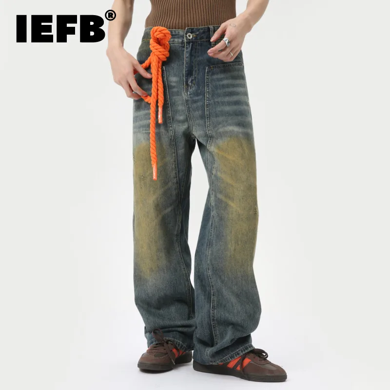 

IEFB Summer High Street Men's Denim Pants Loose Vintage Worn-out Straight Wide Leg Jeans Tie-dyed Trousers New Trend 2024 9C6300