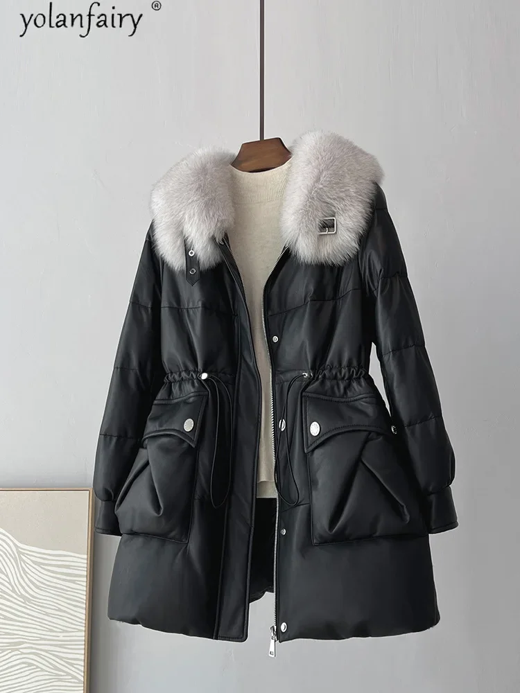 Winter neue Echt leder Daunen jacke für Frauen Frauen lose Fuchs Pelz kragen Leder Schaffell Mantel Jacken Doudoune Femme