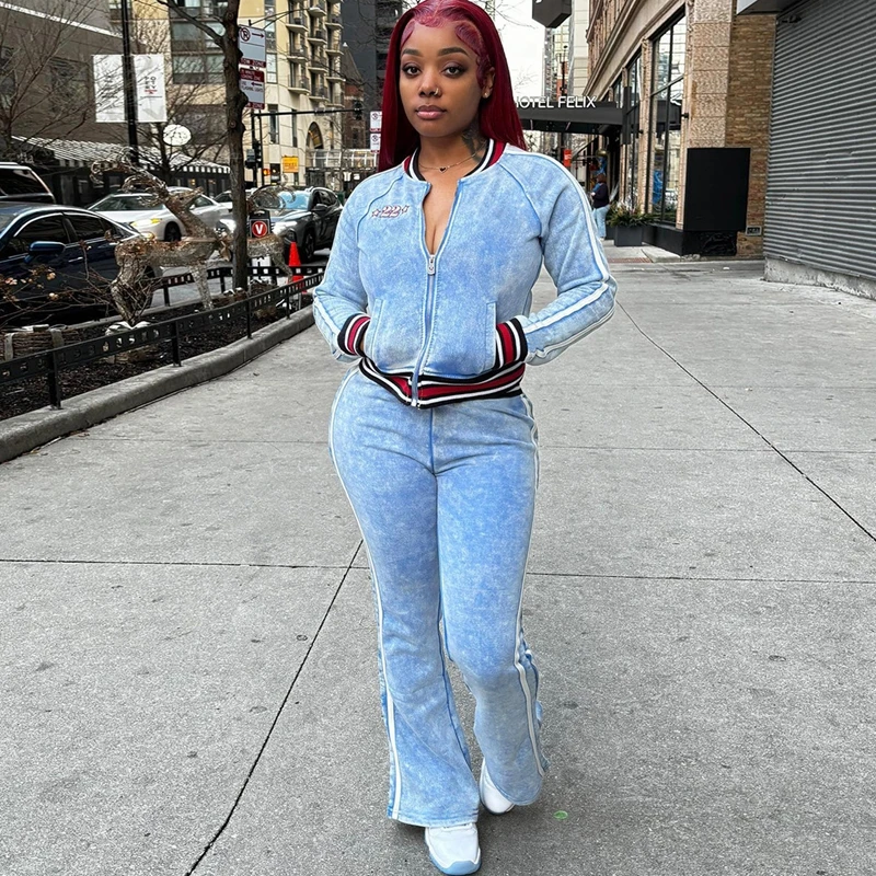 

STYLISH LADY Number Stripe Printed Casual 2 Piece Set Women Long Sleeve Jacket and Flare Pant Suits 2025 Autumn Sports Tracksuit