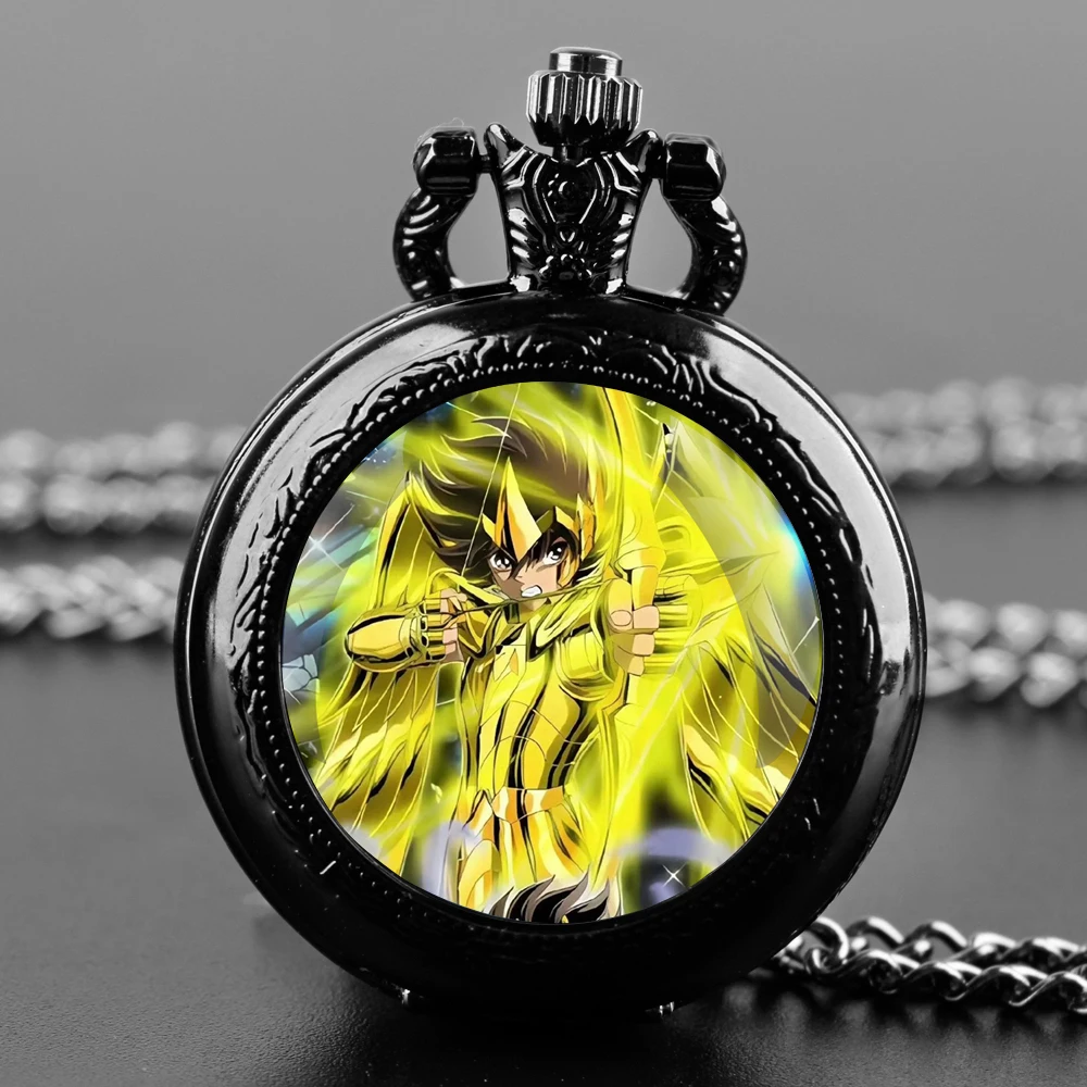 Saint Seiya Design Glass Dome Arabic Numerals Quartz Pocket Watch Necklace Pendant Clock Chain Mens Women Kids Gifts