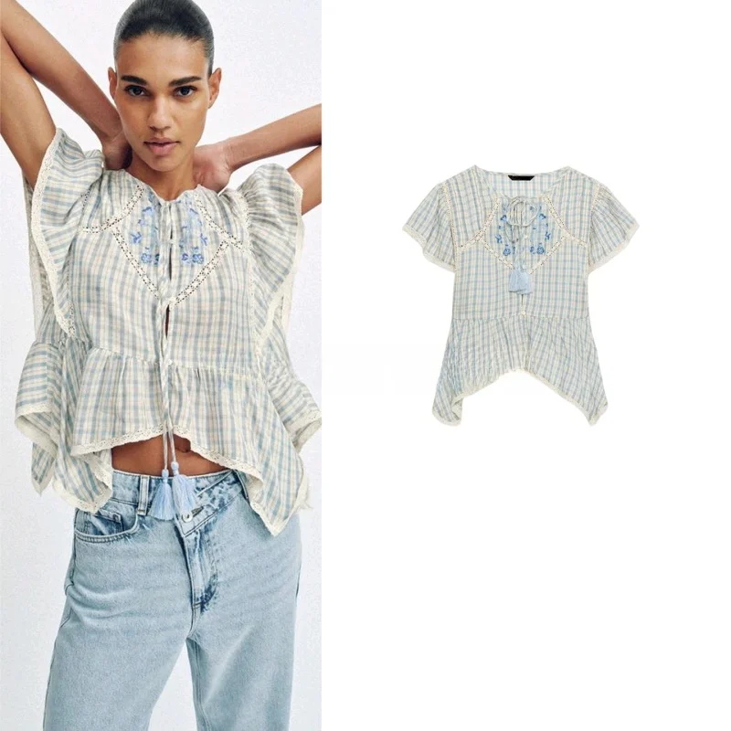 

Summer New Women's Short Sleeve round Neck Plaid Embroidery Ruffle Hem Asymmetric Bottom Shirt Casual Style Loose Fit Polyest...