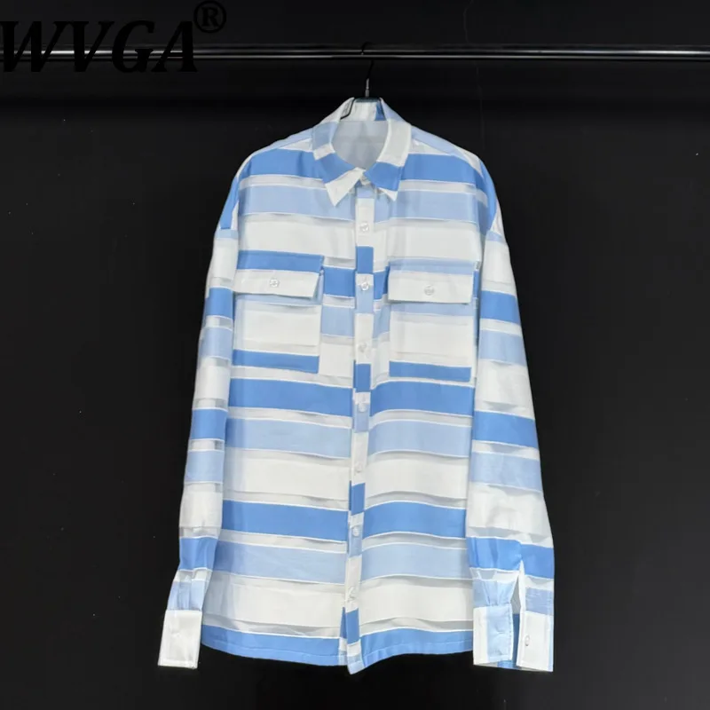 

WVGA Spring Autumn New Man Tide High Street Striped Trendy Long Sleeved Shirt Niche Chic Casual Turn-Down Collar Tops Ins W12919
