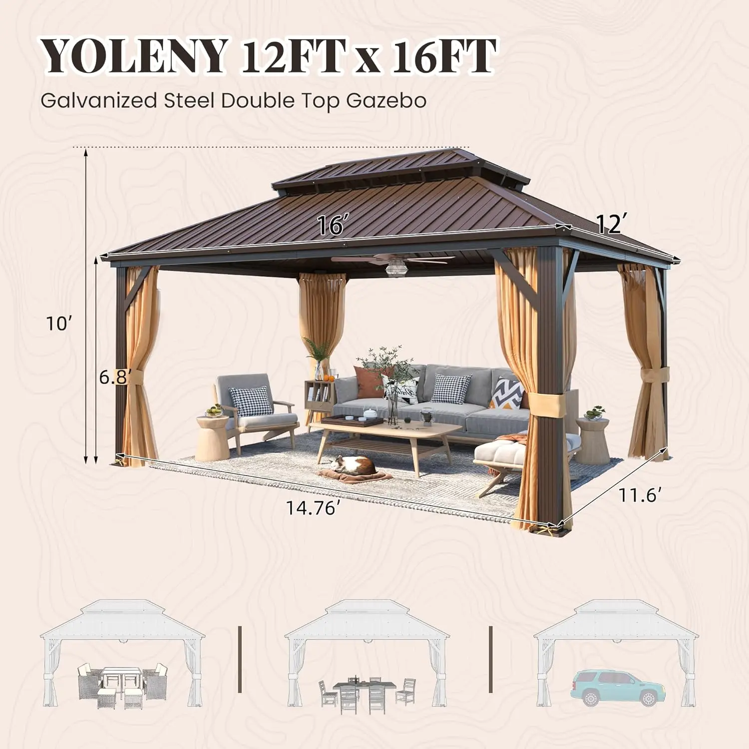 

Customized Aluminum Pergola Frame Gazebo, 12'x16' Hardtop with Galvanized Steel Double Roof, Curtains and Netting