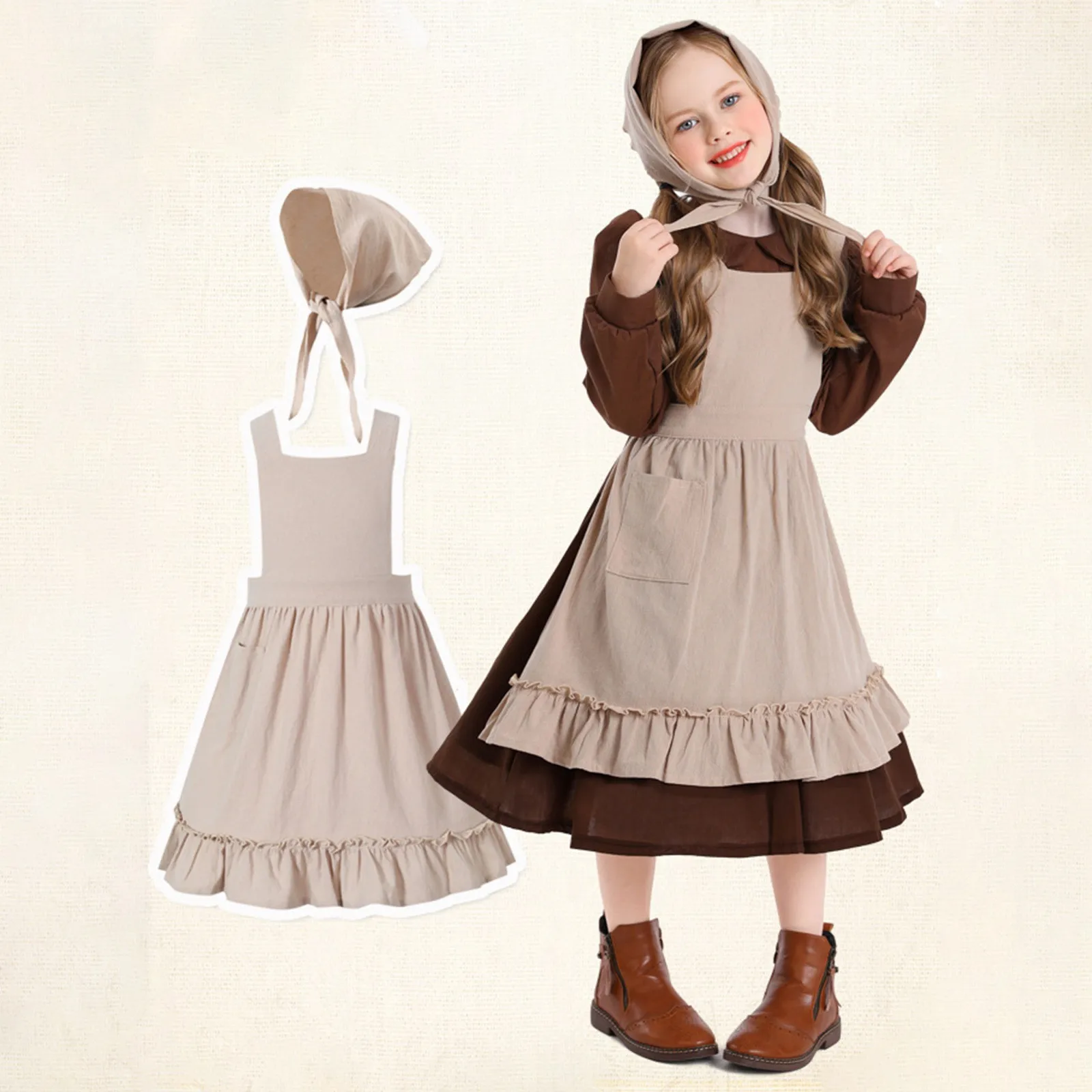 

Victorian Girl Coffee Dress Hat Child Maid Apron Costume World Folk Cluster Hooded Costume Holiday Cosplay Costume 3pc