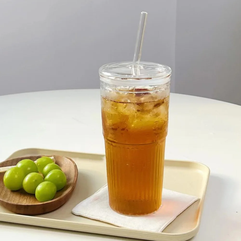 

600ML Coffee Cup With Lid and Straw Transparen for Juice Milk Tea Cups Drinking Glasses Water Striped Glass Mugs Clear Drinkware