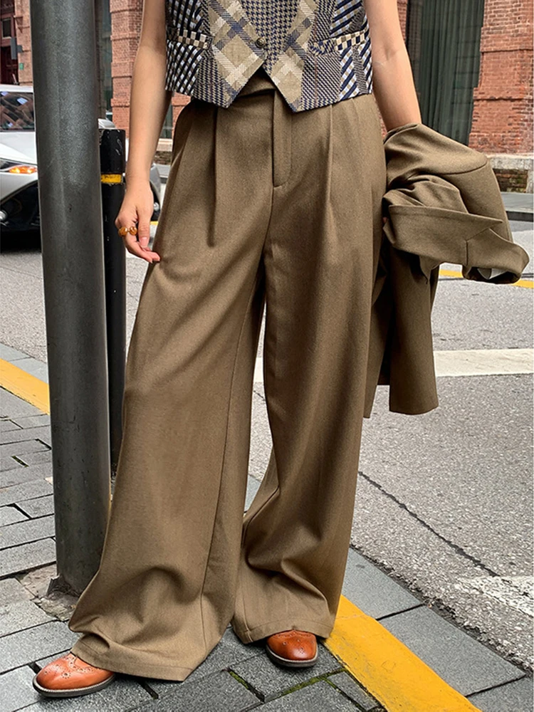 DEAT Fashion Women\'s 2 Pcs Set Blazer Notched Single Button Pockets Fake Belt Folds Wide Leg Pants Suit Autumn 2024 New 7AB4749