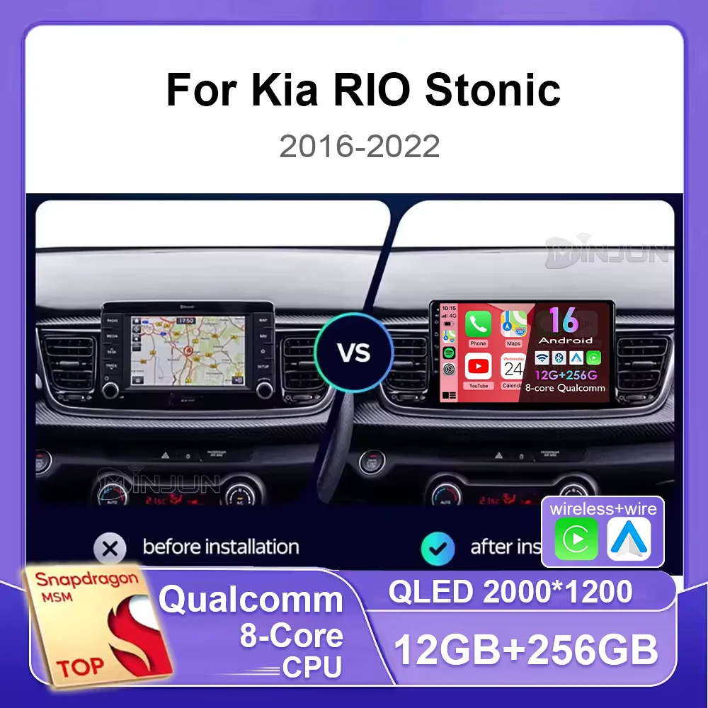 Radio de coche Android 16 con Carplay, GPS, reproductor multimedia de video, estéreo, Bluetooth para Kia RIO Stonic YB 2016 2017 2018 2019 2020 2021 2022 1