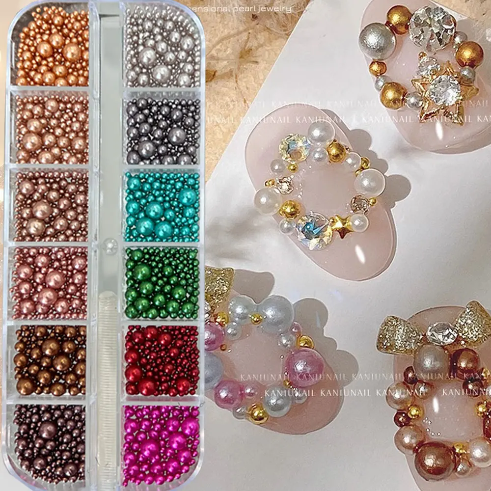 6グリッド 3D クリスマス ゴールド/シルバー/レッド/グリーン ネイル キャビアビーズ レジン ラウンドパール ネイルラインストーン ミックスサイズ パール ネイル用品