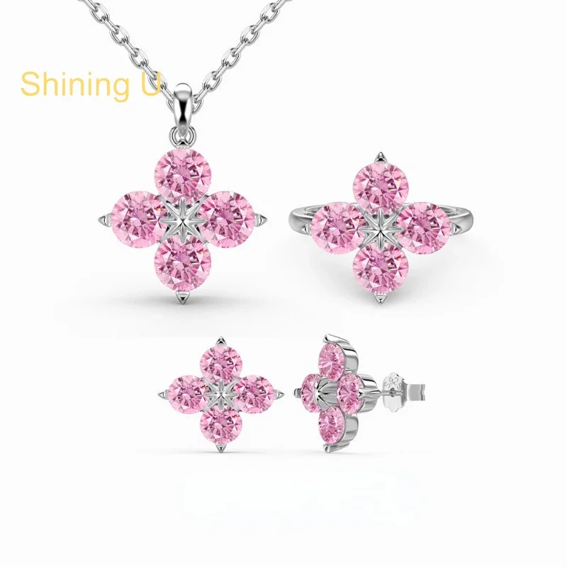 Shining U S925 Silver Clover High Carbon Daimond Jewelry Set Ring Earrings Necklace for Women Platinum Plated Fine Jewelry