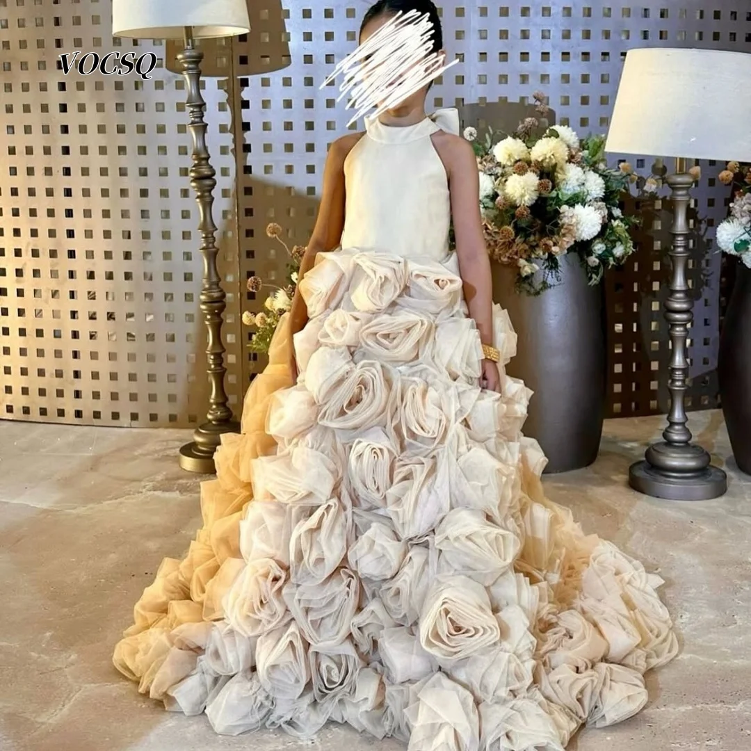 Flower Girl Dress Sleeveless Halter Neck 3D Floral Tulle Floor Length Champagne Gradient Wedding Pageant Dress Customized