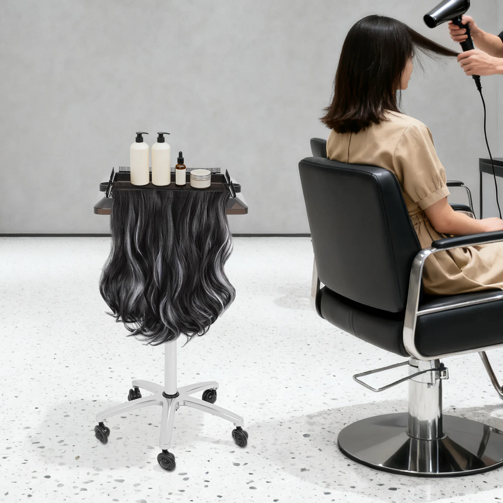 

Hair Wig Holder Cart W/Adjustable Height 70-110cm Rolling Salon Storage Stand W/5 Universal Wheels Barber Organizer Tray
