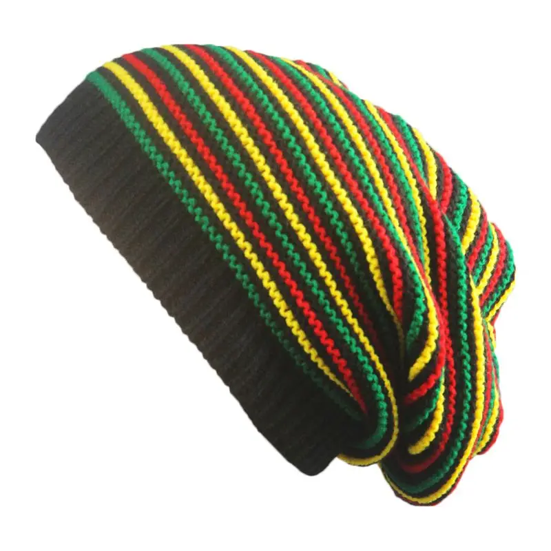 Unisex Crochet Wavy Fine Stripes Beanie Cap Rainbow Jamaica Style Flag Hip Hop Street Winter Slouchy Baggy Skullies Hat
