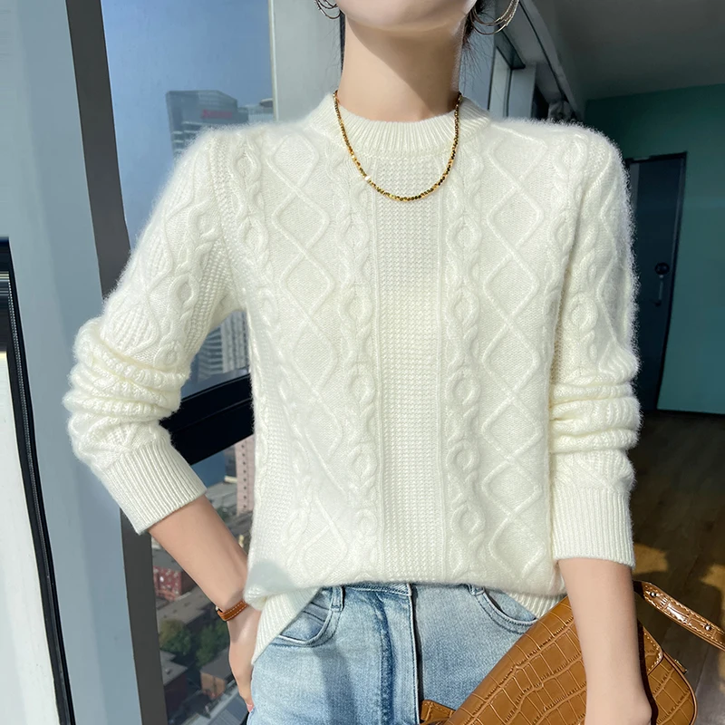 100% Pure Wool 2023 Autumn And Winter New Female O-Neck Loose Long-Sleeved Pullover Twisted Cashmere Sweater Bottoming Sweater