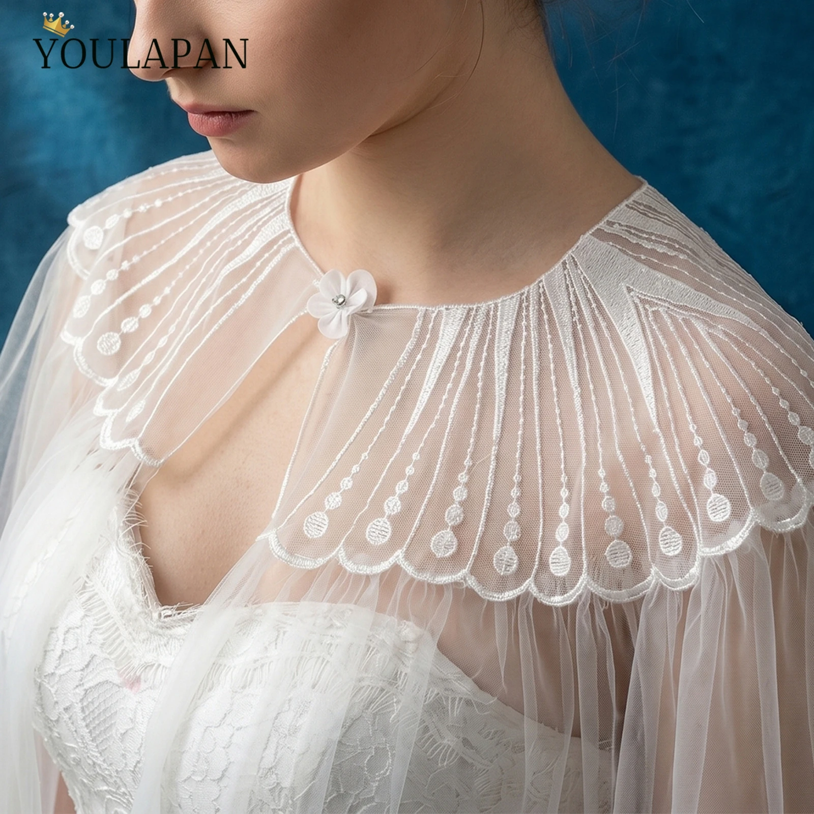 TOPQUEEN Elegant Bride Sequined Lace Shawl Veil Single Layer Ivory Lace Applique Cape Cathedral Wedding White Tulle VG24