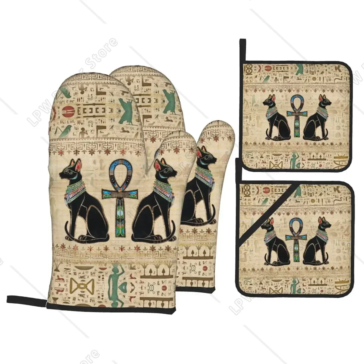 

Египетские кошки Анк Хрест Рукавицы для духовки и подставки для кастрюль Наборы из 4 предметов Иероглифы Термостойкие кухонные перчатки Прихватки для приготовления пищи