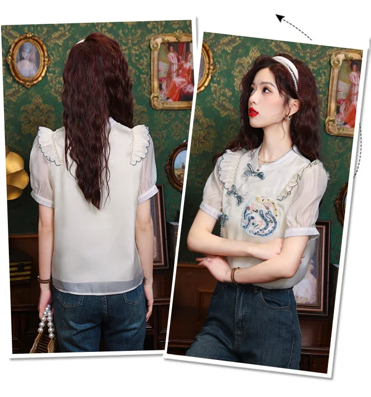 Chiffon Chinese Style Women Blouses Summer Women's Shirts Loose Short Sleeves Tops O-neck Korean Clothing Sales