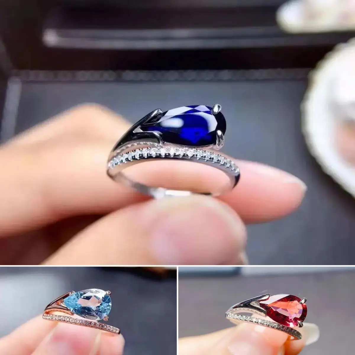 

FS Natural Sapphire/Topaz/Tourmaline Drop Gemstone Ring S925 Sterling Silver Fine Charm Weddings Jewelry for Women MeiBaPJ