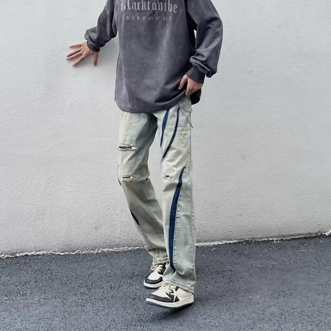 

Мужские джинсы больших размеров 300 Pou с рваными элементами, повседневные прямые длинные брюки, модные свободные широкие брюки в американском стиле