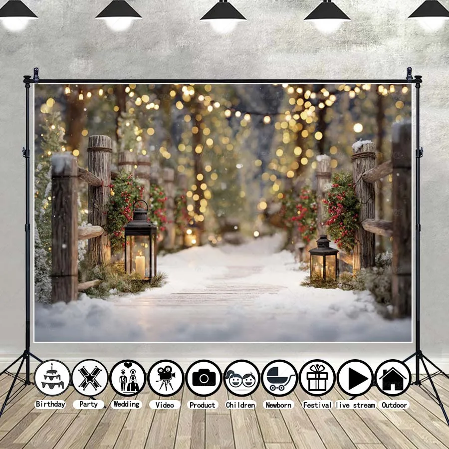 

MOON.QG Winter Pathway Background Bokeh Candle Wooden Fence Backdrops For Photography Photo Studio Poster Booth Party Birthday