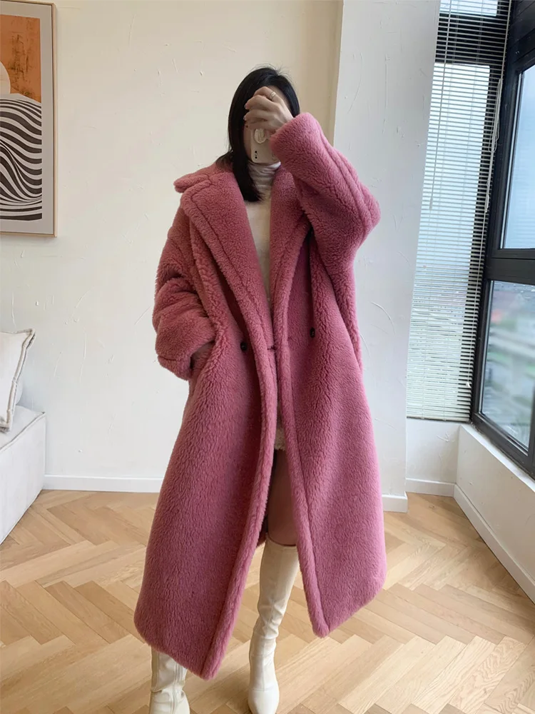 2023 Solid Color Teddy Bear Coat Fur Coat Women Loose Real Wool Warm Teddy Jacket Lapel Long Sleeve Female Clothing Autumn Winte