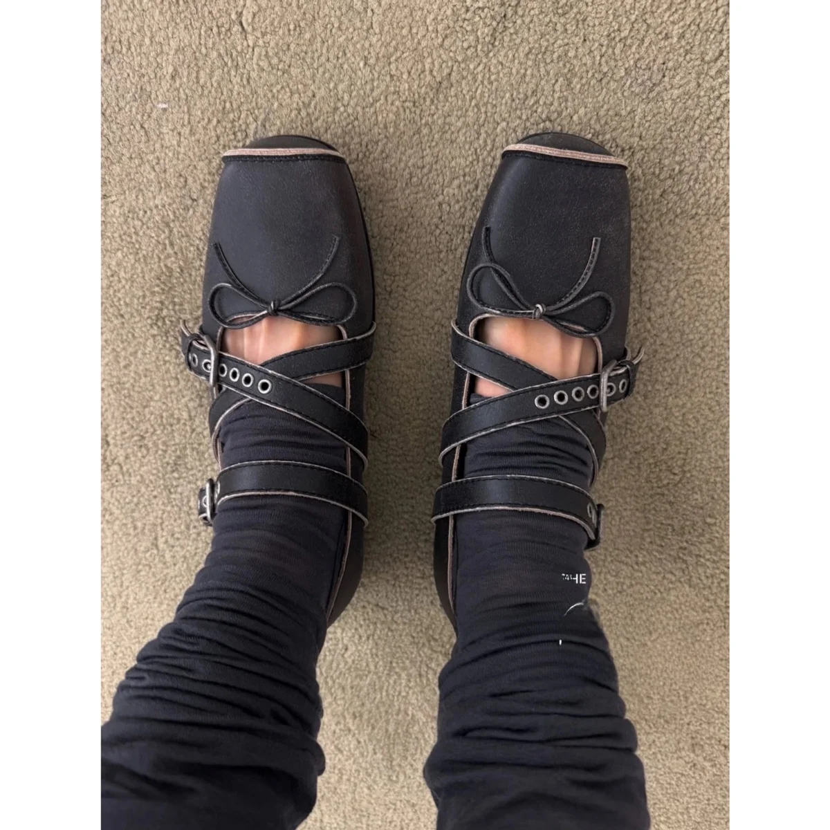 

TINA OPEN YY Ballet Flats Retro Square Head Cross Bule 4cm Leather Sole oes Synthetic Material up up Pigskin Insole Cowhide