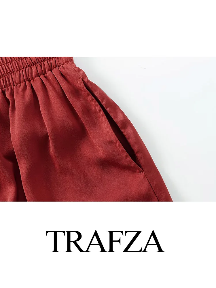 TRAFZA-Pantalon artificiel astique à Jambes Larges pour Femme, Poches Latérales Slim, Couleur Unie, Mode Décontractée, Décoration Fjj, Été