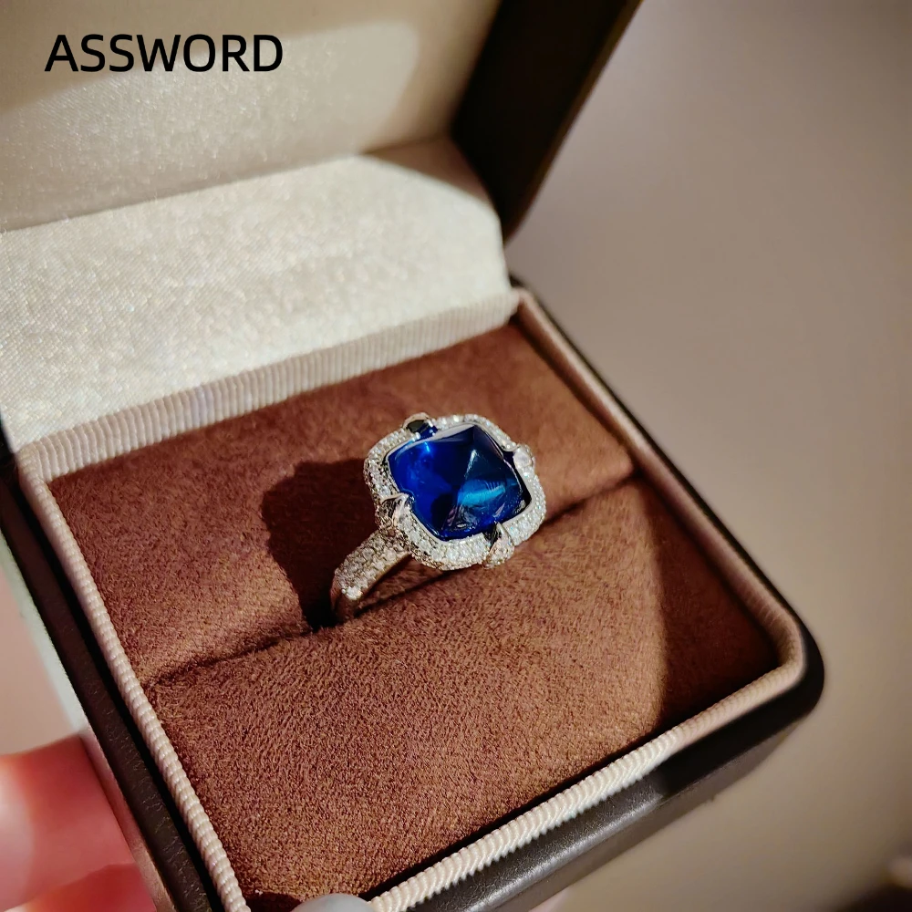 925 Sterling Silber Zucker-geschliffener Blauer CZ Schmuckset Damen Quadratische Ohrstecker Verstellbarer Ring Vintage Halo Party Schmuck Geschenk – Detail 4