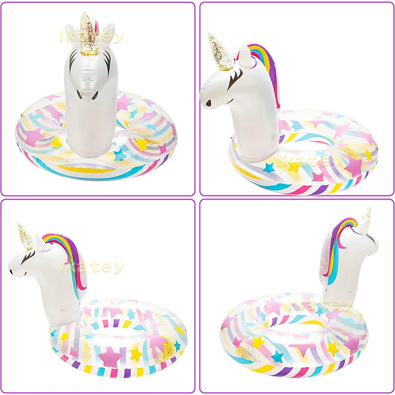 Inflatable Unicorn Pool Float Swimming Ring with Glitter Inflation Swimming Floaties Transparent Summer Beach Party Decoration