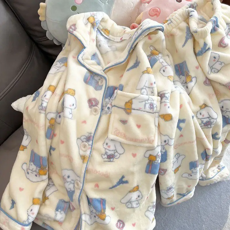 Kawaii Stitch 2Pcs Woman's Pajamas Set Girls Student Printing Thicken Warm Fashion Casual Loose Grey Cute Anime Homewear Gift