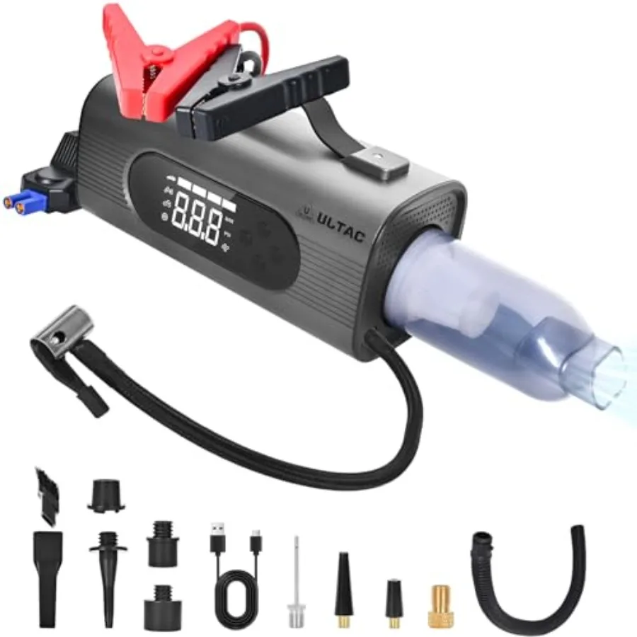 8 in 1 Portable Jump Starter with Air Compressor 2000A Mini Vacuum Cleaner 12V Battery Jumper Starter for All Gas and 10L Diese