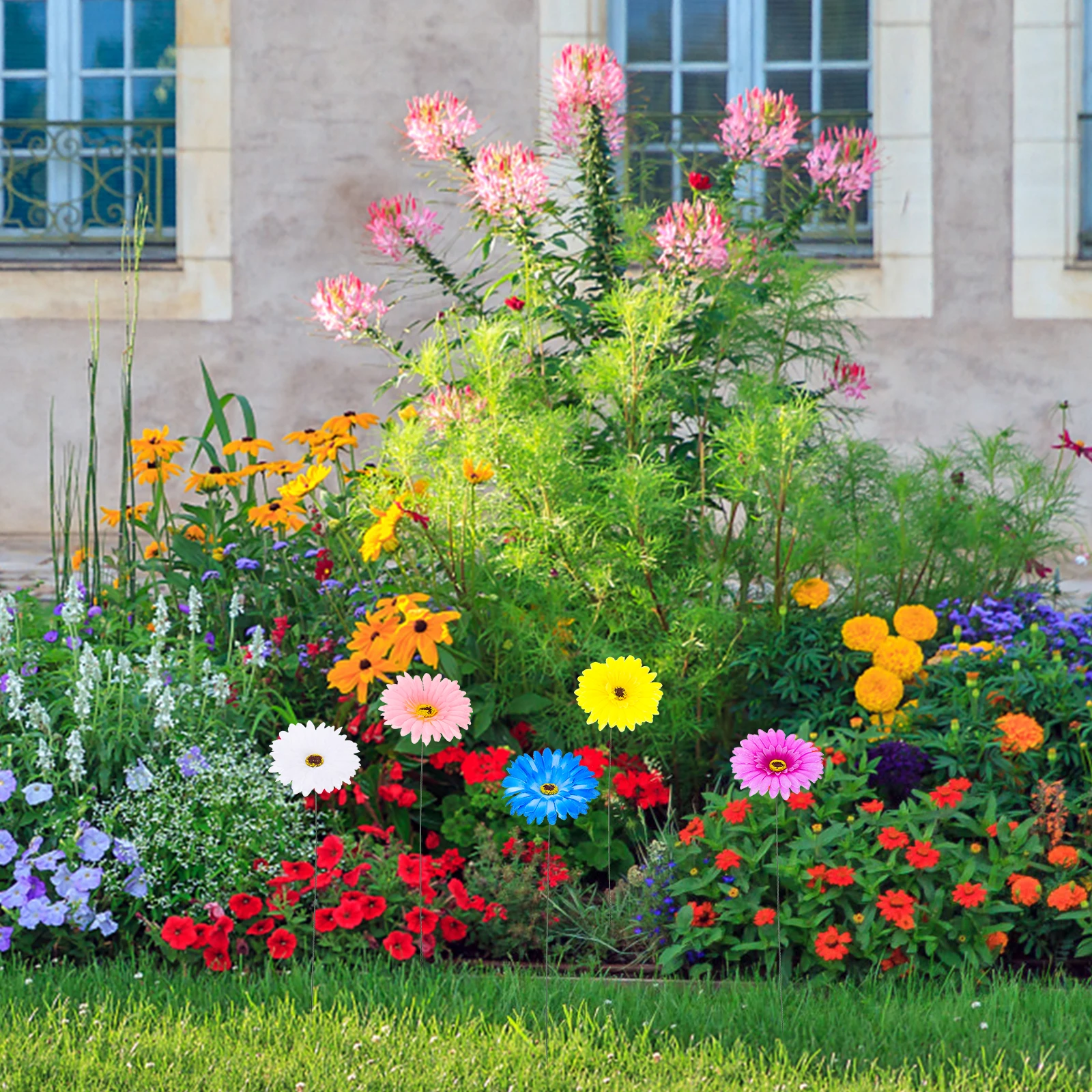 

5pcs Realistic Daisy Garden Stakes Iron Craft Lawn Ornaments Outdoor Patio Decor Flower Pot Stake Durable Metal Yard Decoration