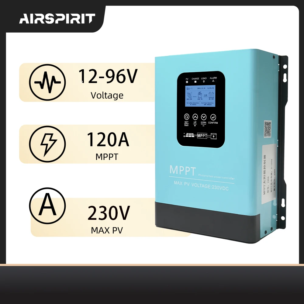 AIRSPIRIT 120A 60A 30A MPPT Solar Controller Solar Panel PV 230V Off grid Solar System 12-96V Battery For AGM GEL FLD Lifepo4