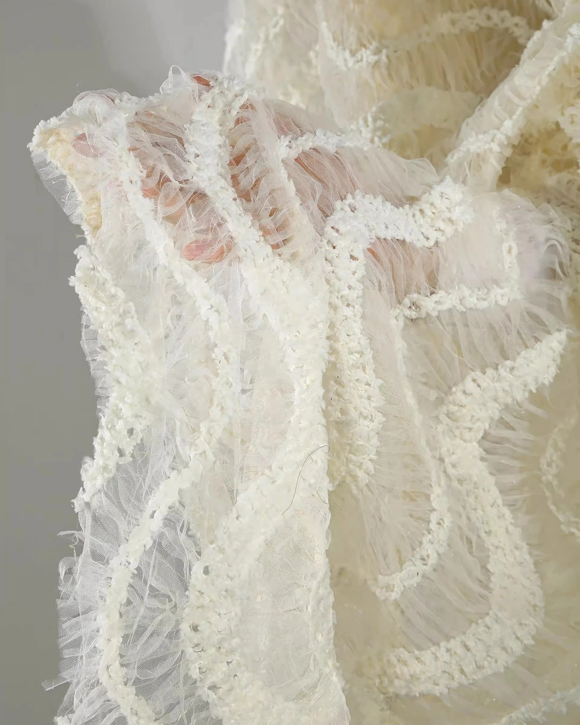 1yard Exquisite Fish Bone Beach Weaving Embroidery tela luxury Gauze Fabrics DIY Wedding Dress Cheongsam fabric for sewing