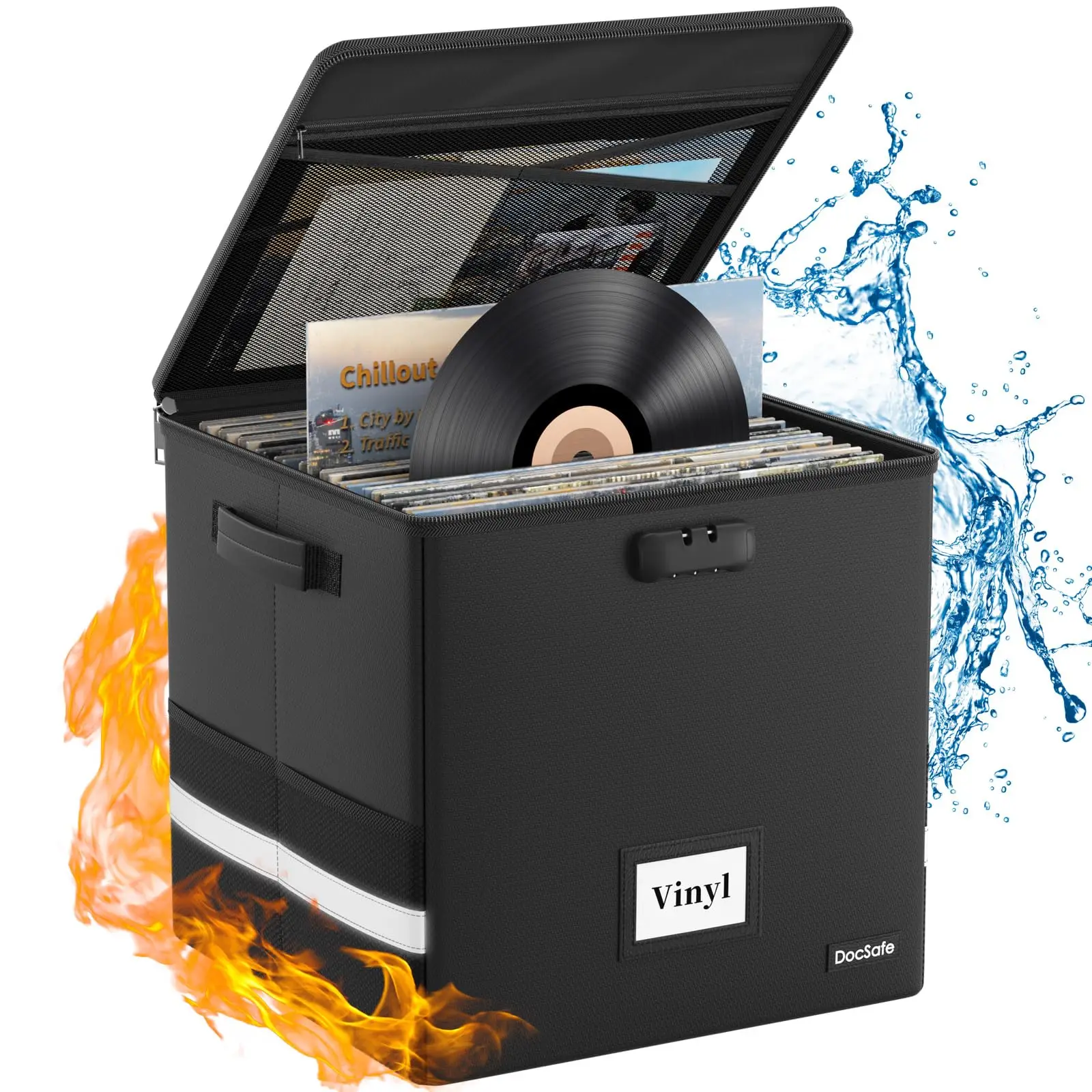 

Vinyl Record Storage Box with Lock,Fireproof＆Water Collapsible Storage Crate with Lid&Handles for Valuable Album Collection