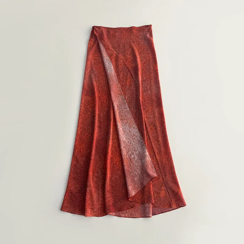 

Withered Pomegranate Red Printed One-piece Skirt Summer Double Inner Buckle Silk Flowing Hip Hugging Skirt