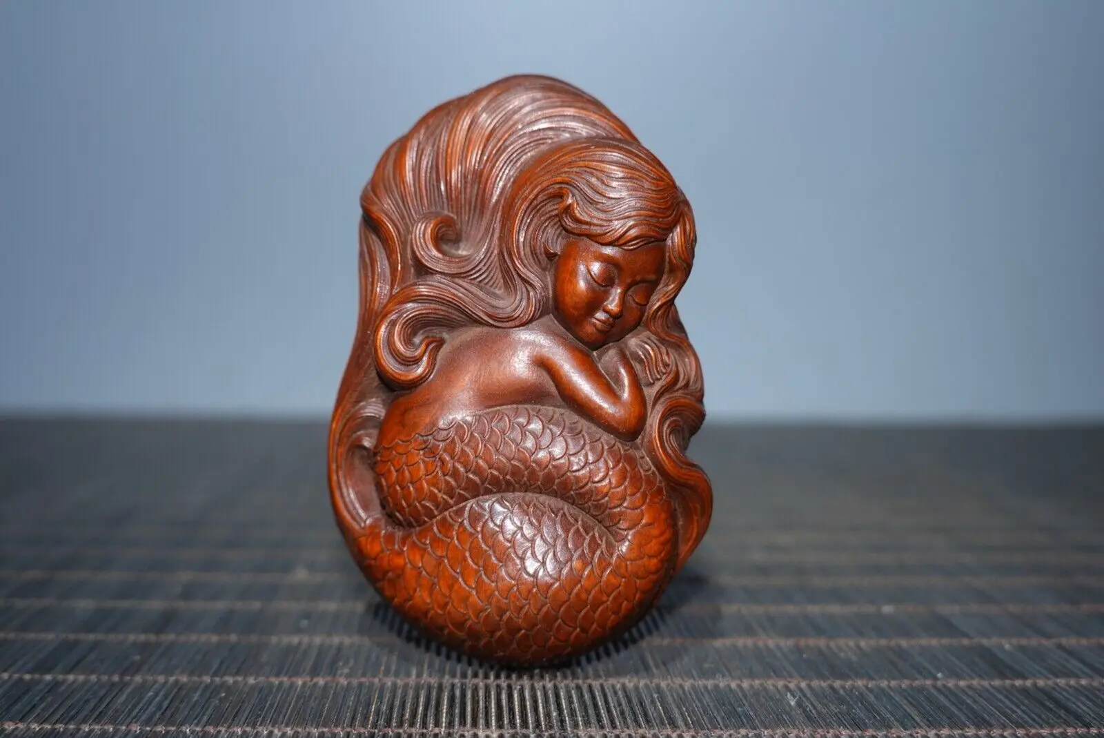 Chinese Vintage Buxus Gesneden Zeemeermin Standbeeld Collectie Beeldjes Mooie Kunst