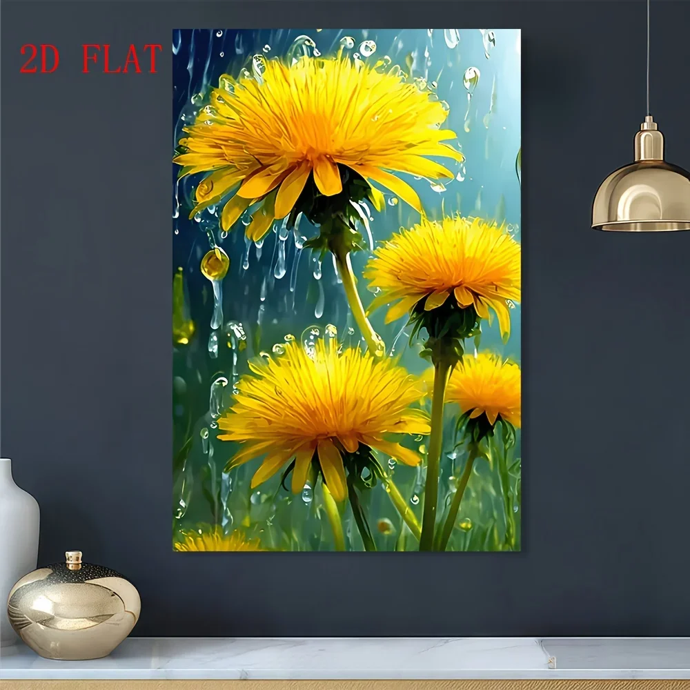 2D Flat, 1pc Vibrant Dandelion Wall Art Print - Unframed Canvas Painting with Water Droplets, Blue Background, Perfect for Ho