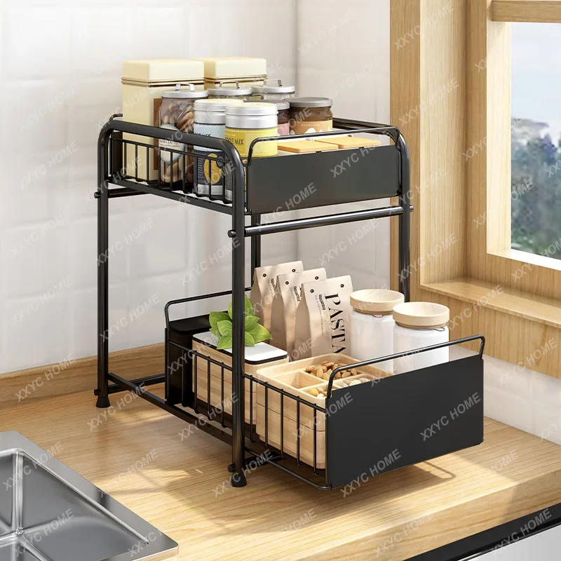 Storage Basket with Push Pull Drawer Organizer Under Sink Rack 2-Tier Sliding Drawer Sliding Basket for Kitchen and Bathroom