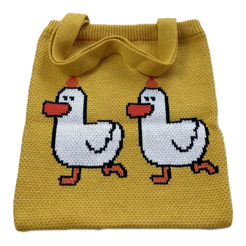 YoReAi Women Knitting Shoulder Bags Cute Duck Ladies Cartoons Handbag Casual Tote Literary BookBag Wool Shopping Bag For Girls