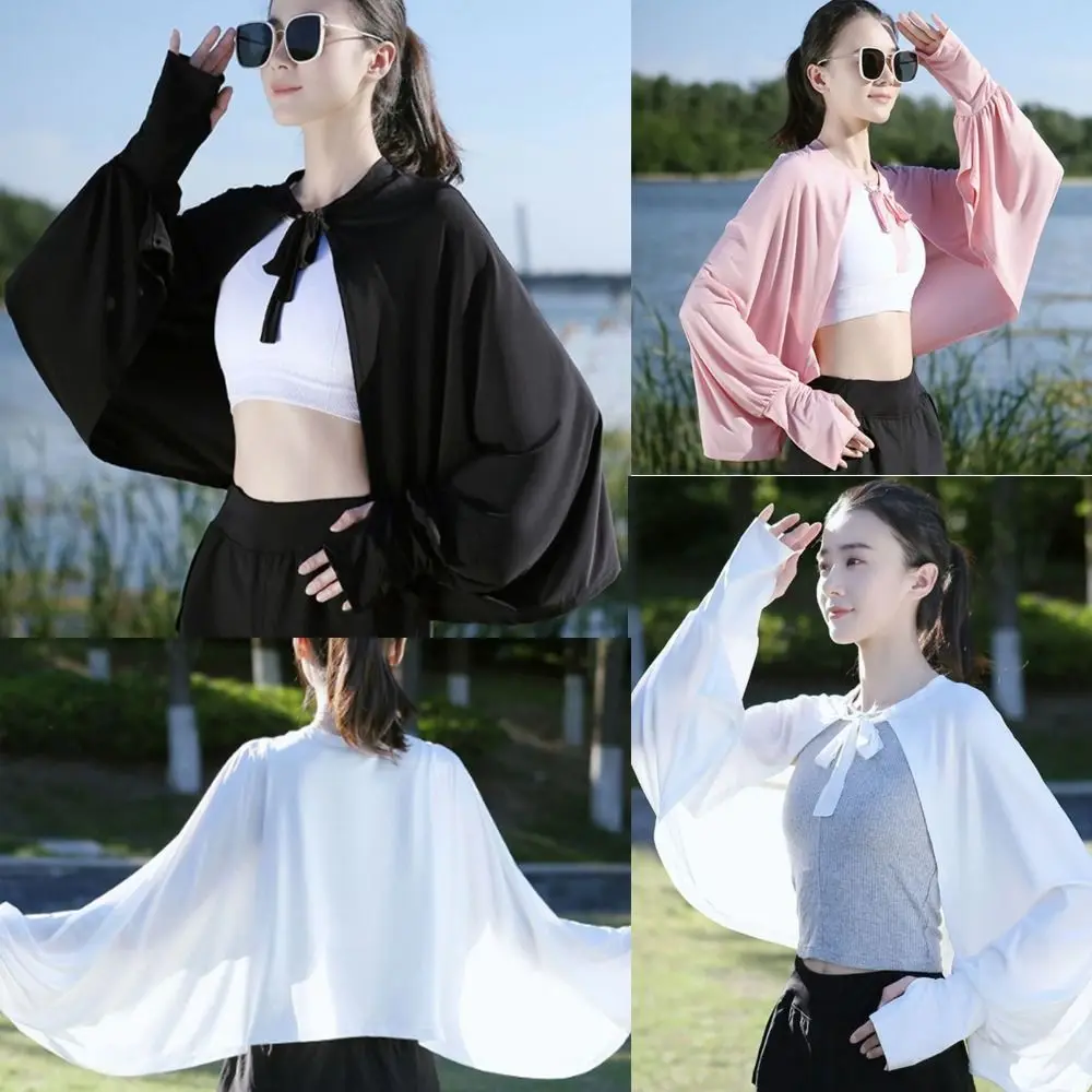 

New Solid Color Sunscreen Shawl Ice Silk Long Sleeve Sun Protection Clothing Breathable Thin Fabric Thin Crop Top Summer Season
