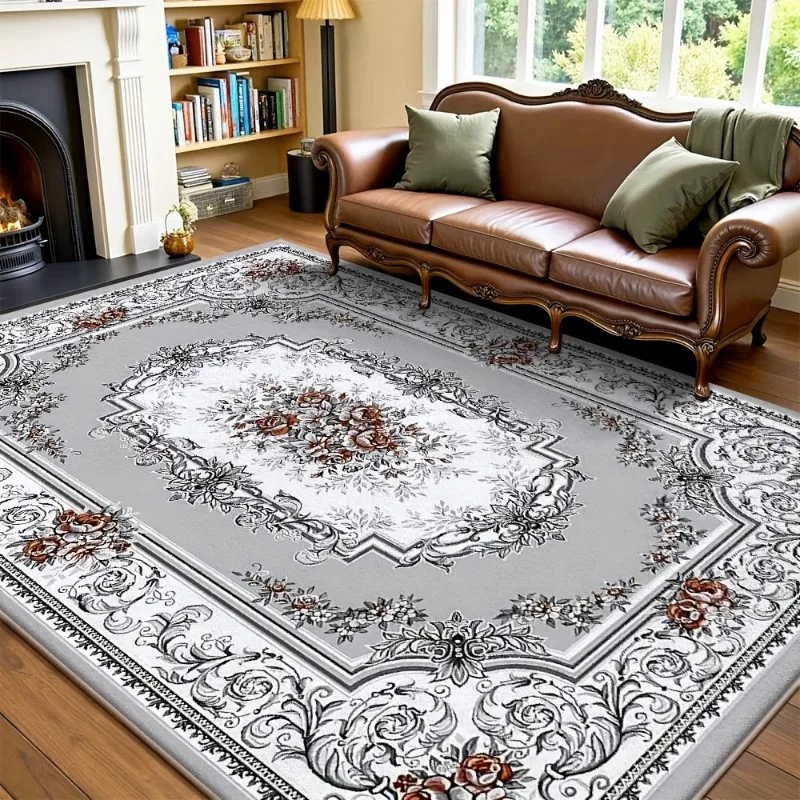 Classic European Floral Flannel Rug Soft Non Slip Floor Mat Vintage Decorative Carpet for Living Room Bedroom Indoor Home Decor