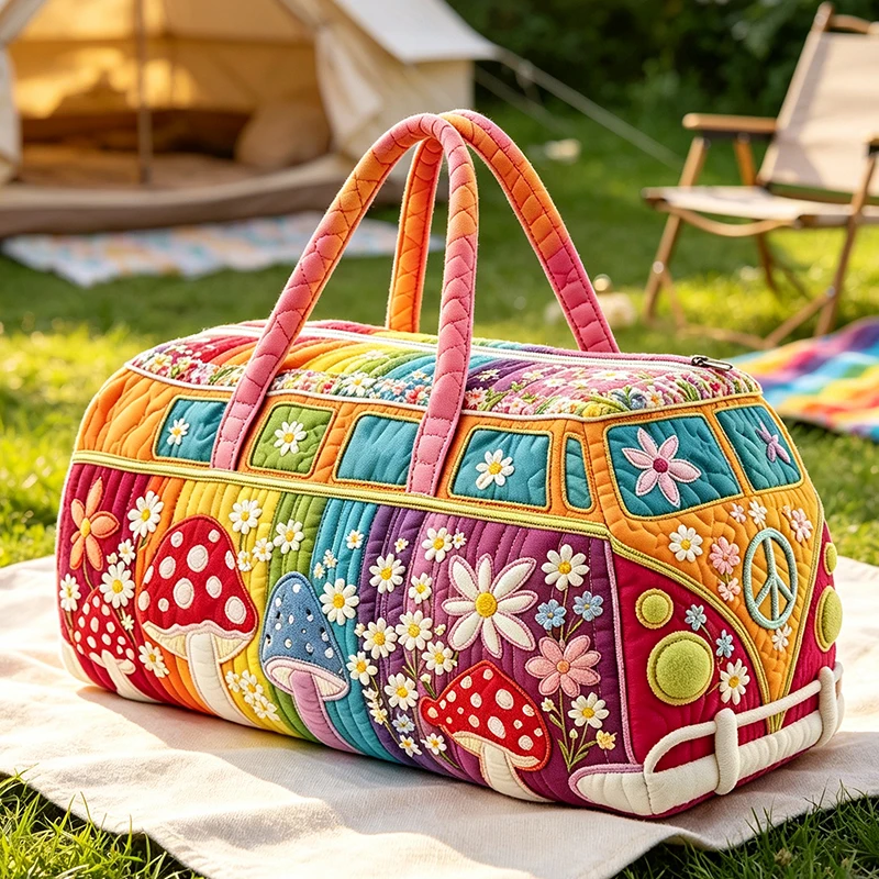 Rainbow Bus Travel Duffle Bags Quilted Patchwork Weekender Overnight Bag Mushroom Daisy Handbag Sports Gym Handbag Vacation Trip